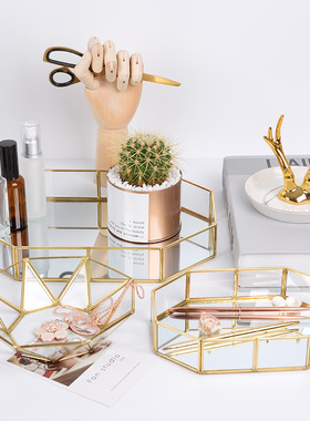 斯堪的纳维亚简单的金属玻璃存储珠宝托盘现代时尚铜条镜子托盘装
