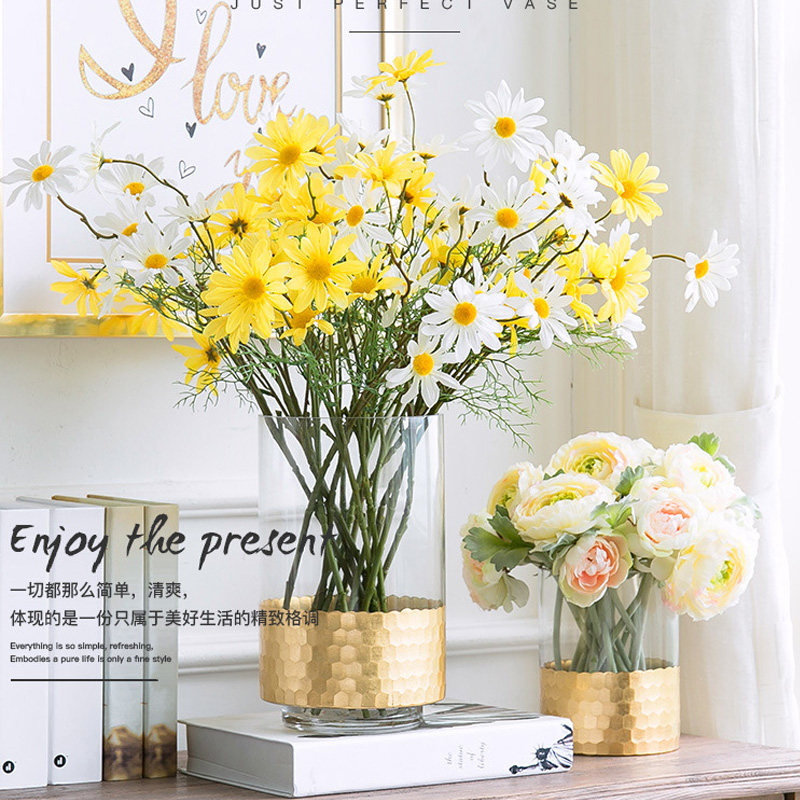 北欧金色金箔裂纹蜂窝蜂巢直筒水培透明玻璃花瓶现代插花花器装饰