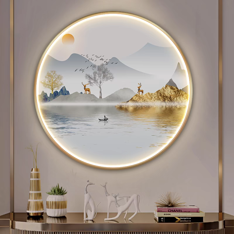 新中式圆形装饰画玄关挂画入户走廊过道墙画带灯led茶室大气壁画图片