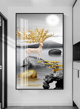 玄关装饰画 竖版走廊过道壁画北欧客厅招财风水麋鹿挂画 入户墙画