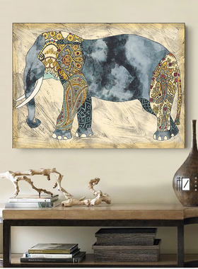 大象东南亚风格装饰画客厅沙发挂画玄关走廊书房动物泰式创意壁画