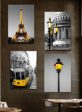 欧式建筑工业风黑白装饰画 复古酒吧KTV网咖墙壁挂画客厅背景墙面