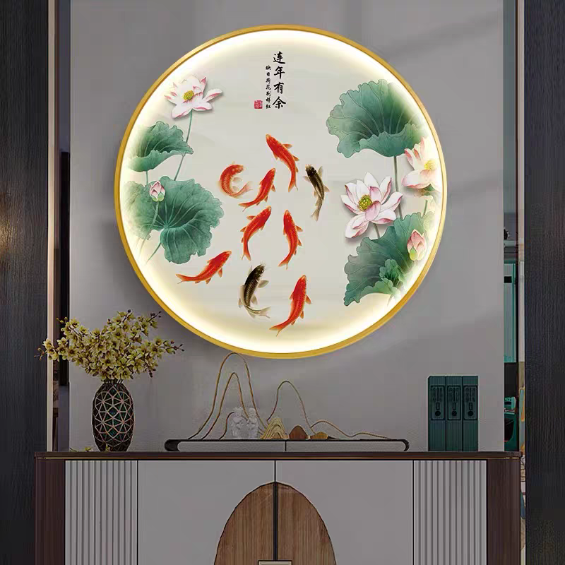 新中式玄关装饰画荷花九鱼图圆形灯光画客厅过道背景挂画茶室壁画图片