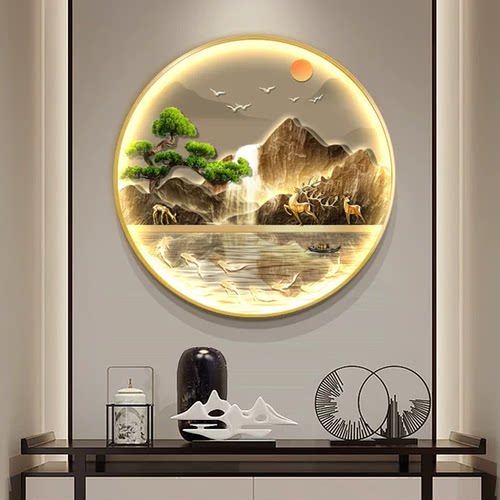 新中式圆形玄关装饰画流水生财入户正对门走廊挂画带灯山水九鱼图