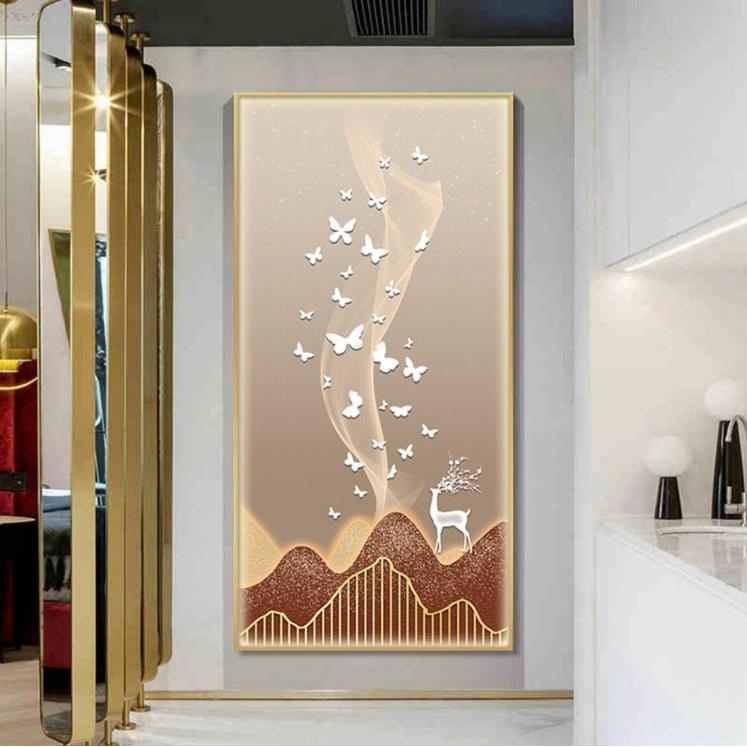 现代简约抽象发光风景玄关装饰画福鹿蝴蝶玄关竖版入户走廊挂画