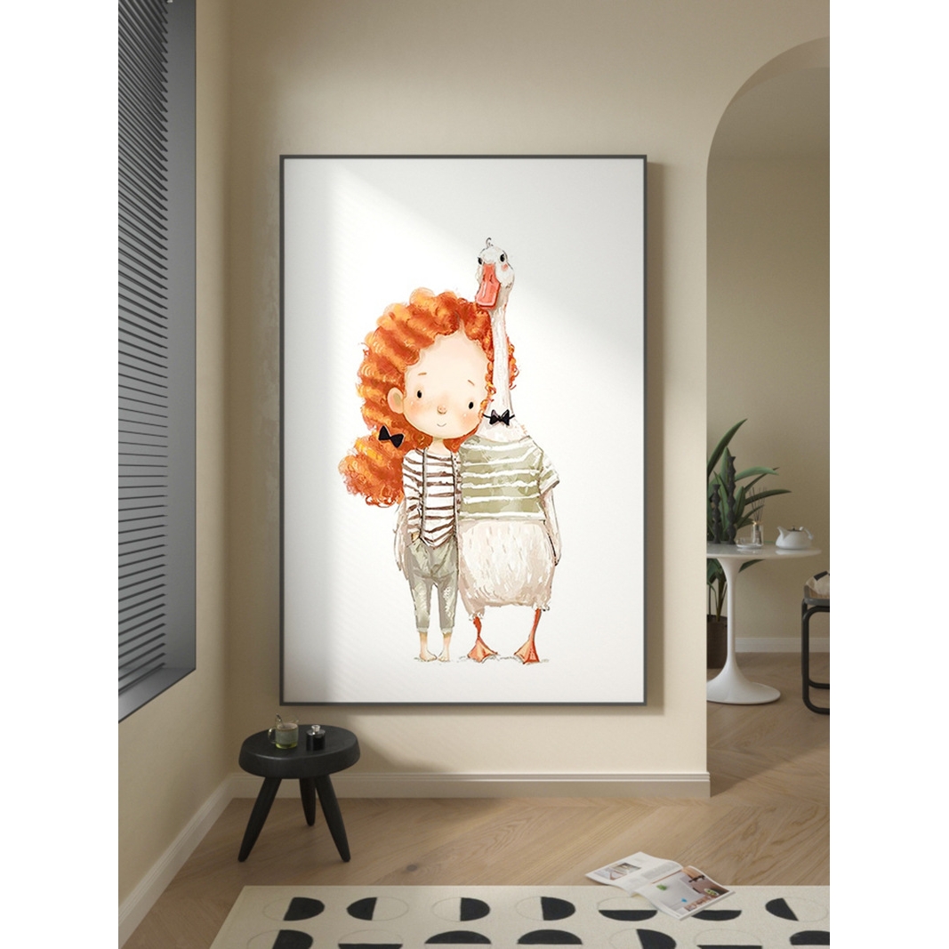 现代可爱卡通女孩和领带鹅卧室温馨装饰画儿童房教室挂画名宿壁画图片