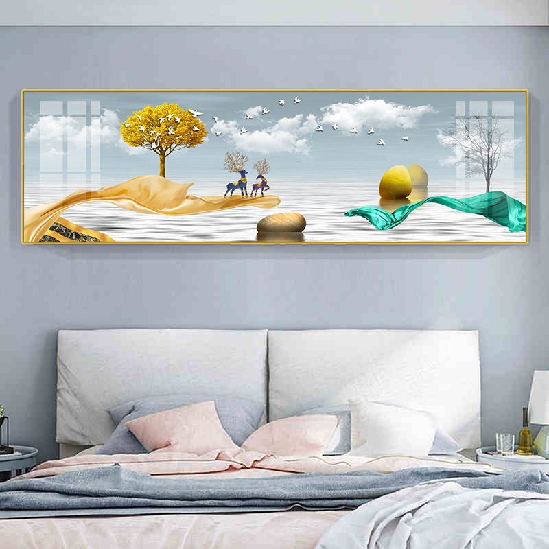 床头晶瓷画 新中式石来运转麋鹿山水挂画 酒店卧室立体晶瓷装饰画图片