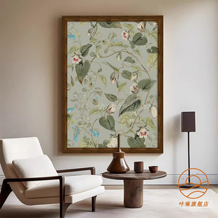 新中式 饰画抽象植物花卉原木复古风客厅极简挂画 高级感绿色玄关装