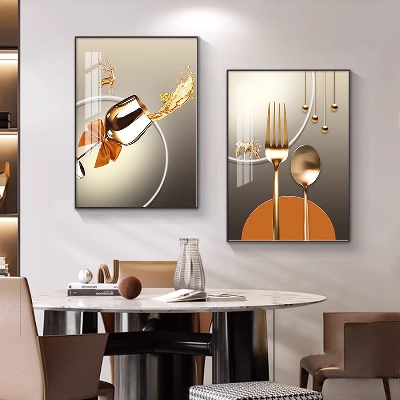 餐厅装饰画样板间工装卧室床头画现代轻奢酒杯羽毛晶瓷画客厅挂画