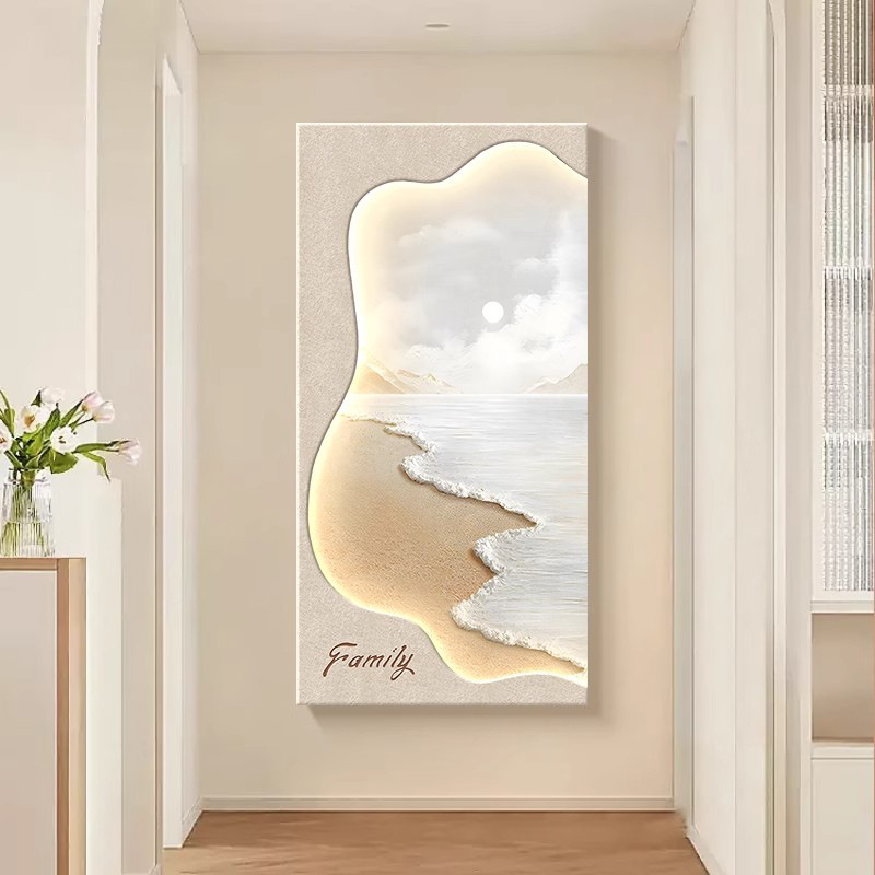 奶油风高级感玄关装饰画LED发光砂岩肌理画海浪风景过道走廊挂画