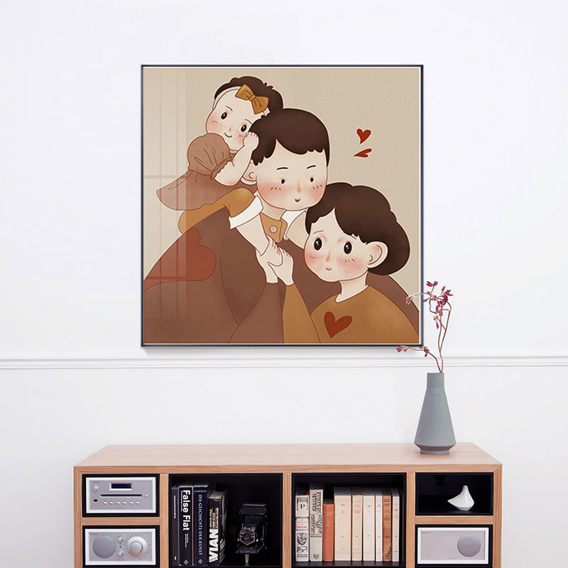 一家三口家庭玄关装饰画正方形壁画客厅背景墙面壁画餐厅挂画简约图片