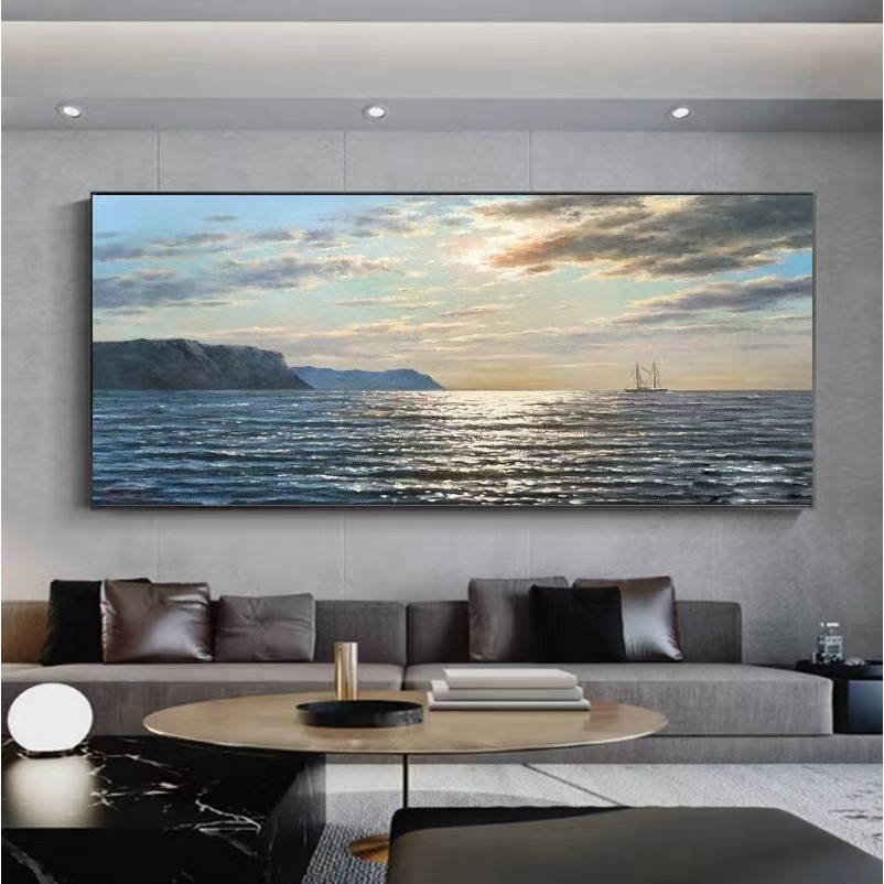 纯手绘大型横幅深蓝色海景装饰画现代高级感油画简约客厅墙壁挂画