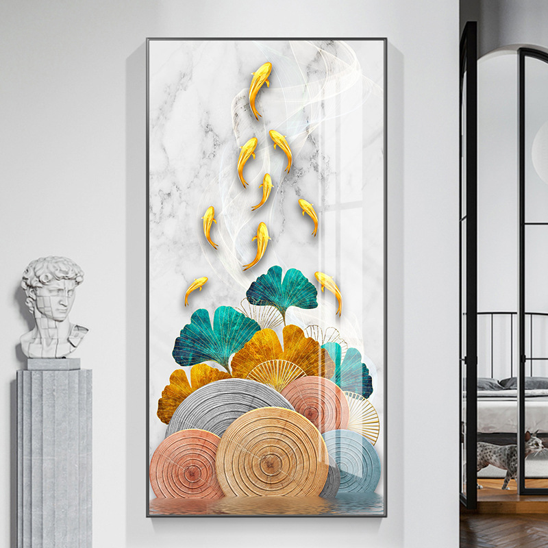 年年有鱼晶瓷玄关装饰画中式金色游鱼入户走廊背景墙壁画过道挂画