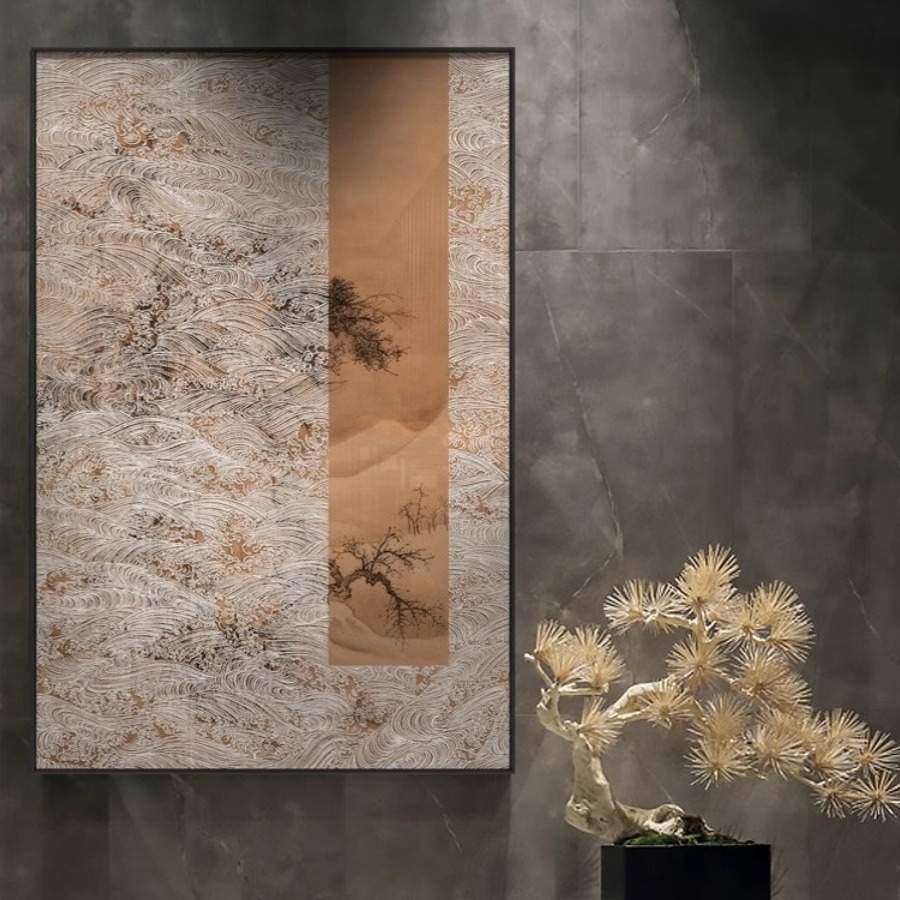 新中式风景浮雕肌理挂画客厅茶室玄关走廊壁画山水松树高档装饰画图片