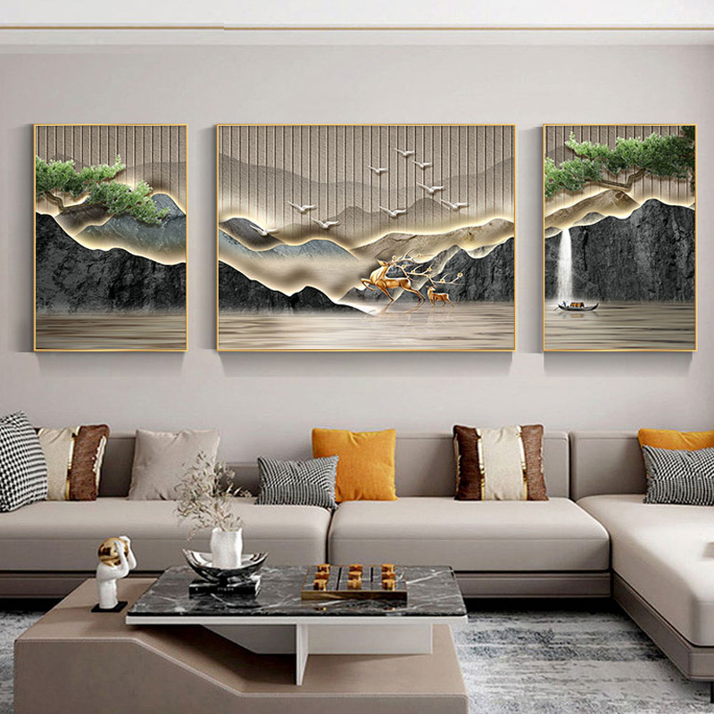迎客松沙发背景画新中式客厅装饰画办公室组合三联画书房壁画