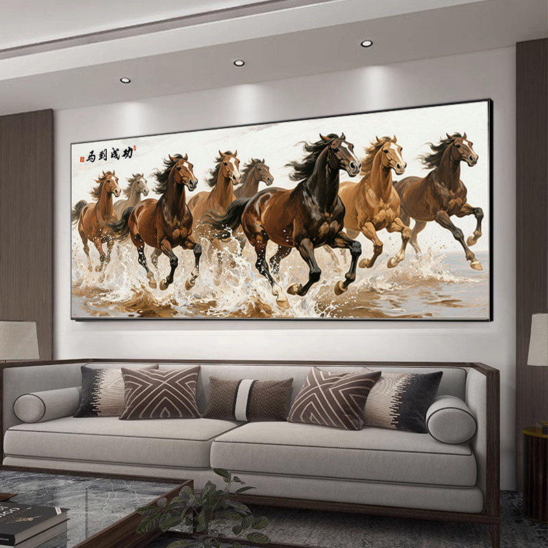 八骏图客厅挂画马到成功装饰画骏马办公室字画茶室沙发背景墙国画