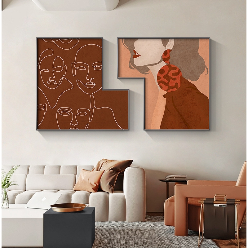 现代小众艺术客厅装饰画莫兰迪色卧室床头组合画摩登人物餐厅壁画图片