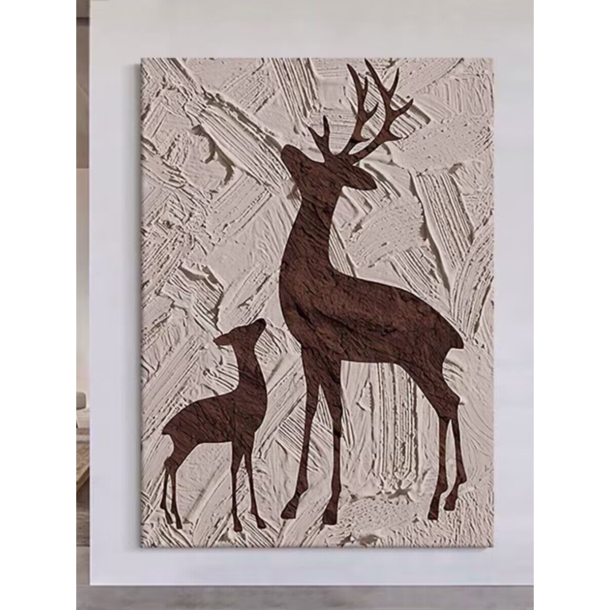 纯手绘小鹿抽象立体肌理装饰画玄关竖款大型油画绿色高端现代挂画
