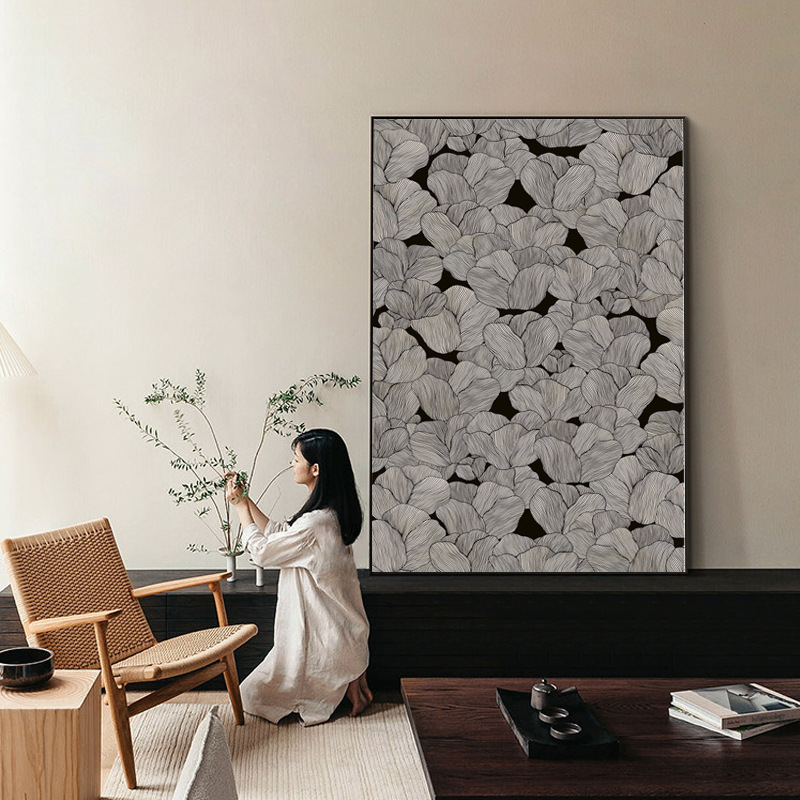 现代简约客厅沙发装饰画黑白灰抽象线条花卉玄关挂画酒店走廊壁画图片