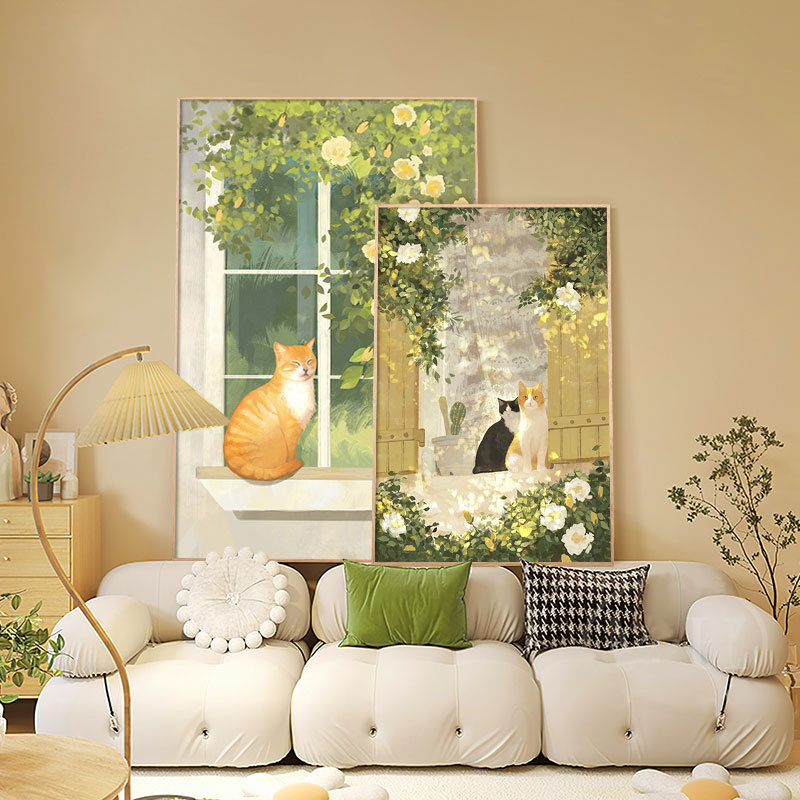 北欧原木风客厅装饰画绿植猫咪窗户玄关壁画奶油风沙发背景墙挂画图片