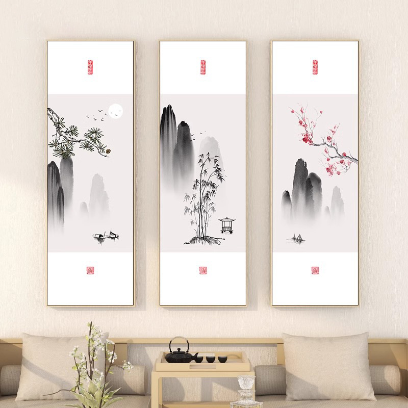 岁寒三友挂画新中式客厅三联装饰画禅意茶室背景墙壁画迎客松竹梅