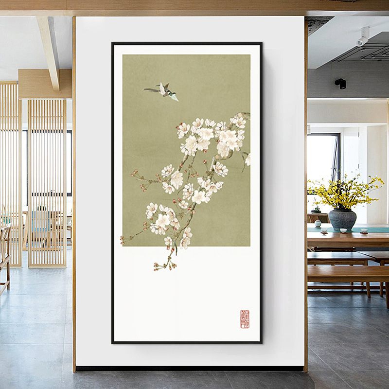 新中式花卉玄关装饰画桃花燕子挂画文艺风景民宿墙面壁画厂家图片