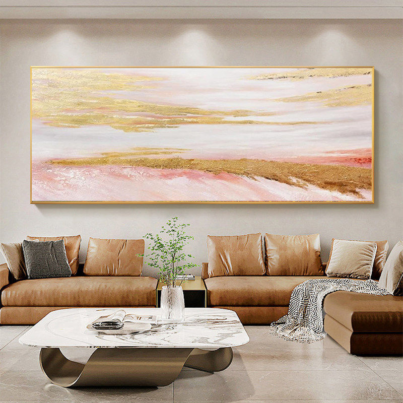 手绘粉色金箔抽象油画现代轻奢客厅横幅装饰画北欧风温馨艺术挂画