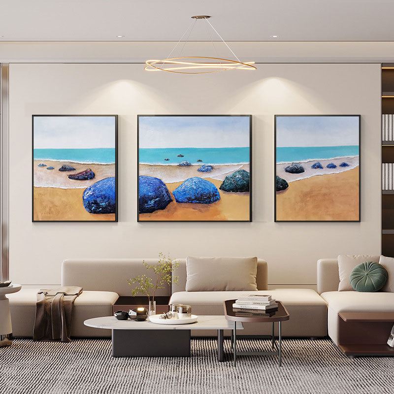 纯手绘海岸礁石客厅背景墙装饰画沙发墙挂画现代三联唯美立体肌理图片