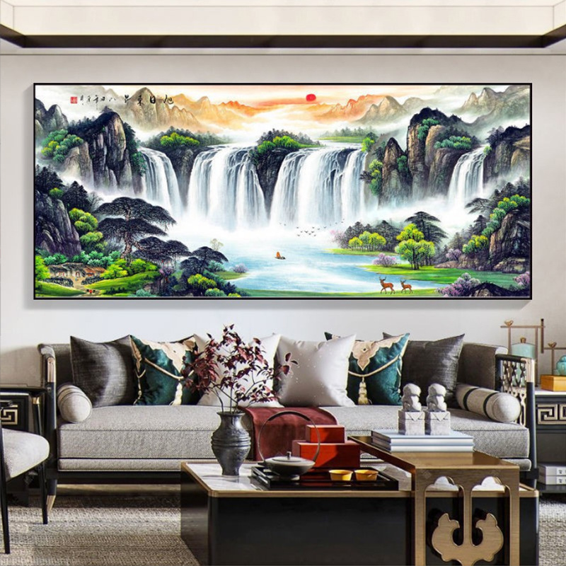 旭日东升国画山水画办公室字画风水靠山挂画客厅装饰沙发背景壁画