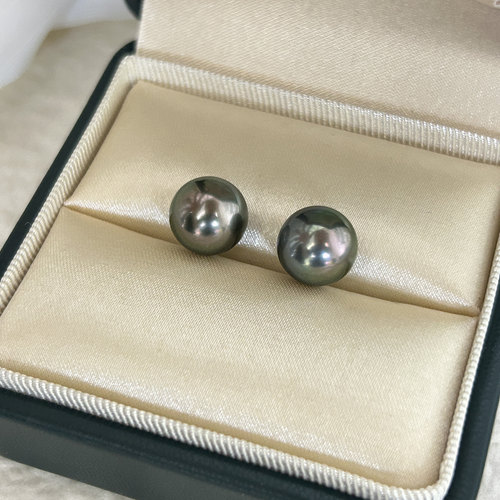 10-11mm天然大海水大溪地黑珍珠耳钉女孔雀绿正品耳饰高级感18k金