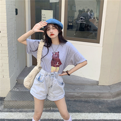 實拍實價磨毛卡通印花洋氣可愛小熊短袖T恤春夏新款