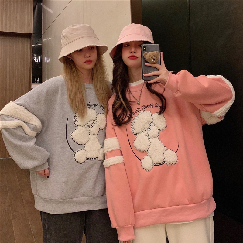 Real shot soft cute dog lamb hair embroidered sweater with cashmere thickened sweater