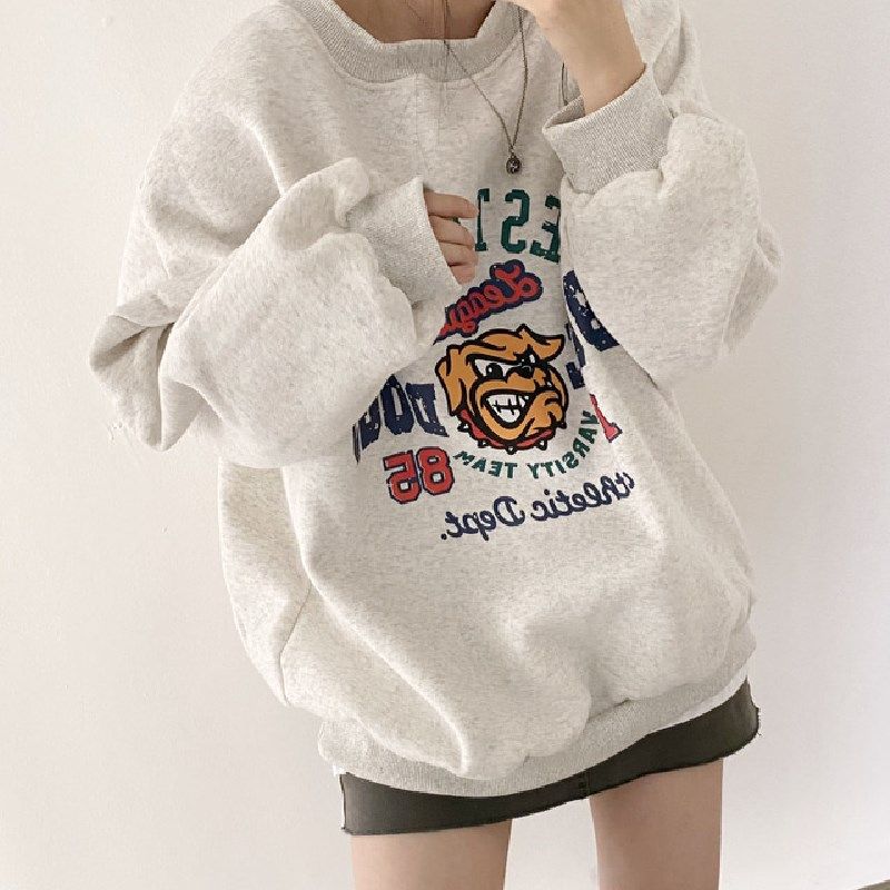 Real shot lettered print Plush sweater 20 winter new lazy round neck Pullover for women
