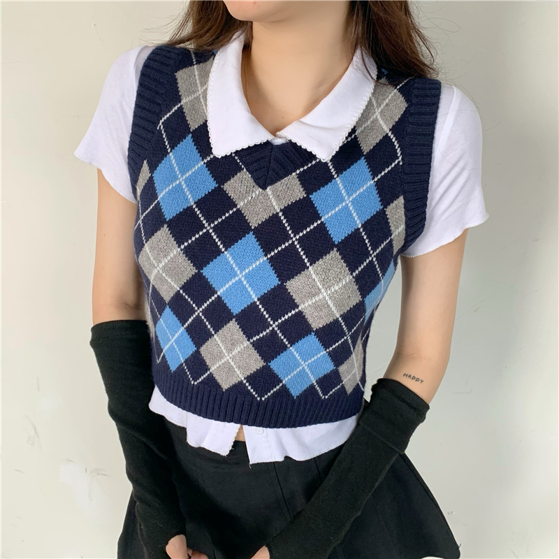 American style retro Pullover V-neck diamond Plaid knitted vest women's College style sleeveless top