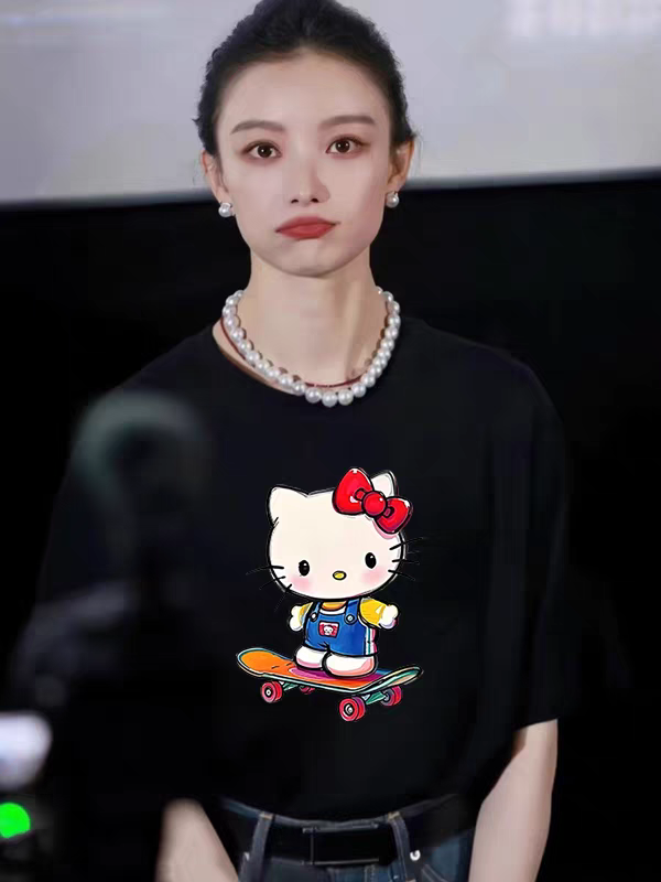 HelloKitty短袖女滑板KT猫T恤倪妮同款夏季纯棉宽松显瘦百搭上衣