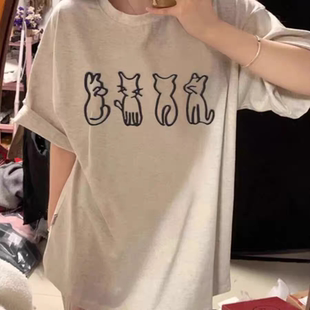 线条小猫白灰色纯棉短袖t恤男女宽松夏季小众设计感学生半袖上衣