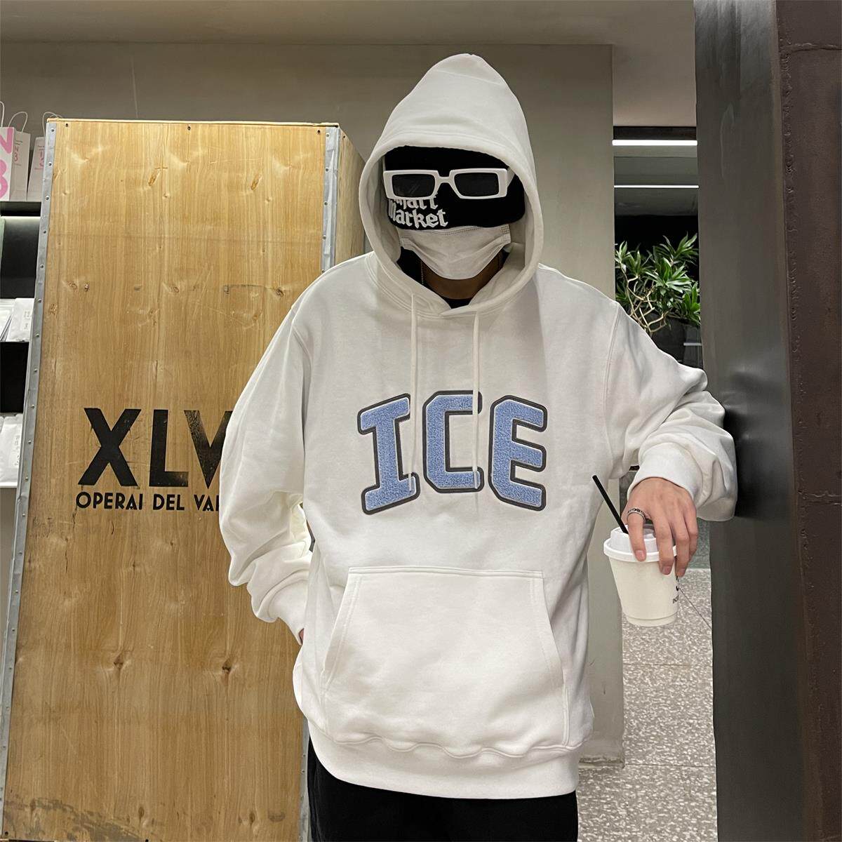 icereverie 国潮牌秋冬情侣嘻哈宽松毛巾绣贴布男女卫衣连帽帽衫