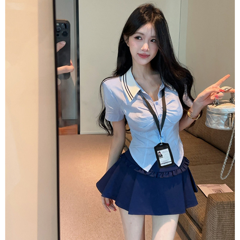 学院套装jk制服条纹夏季修身辣妹短袖衬衫百褶半身短裤两件套女装