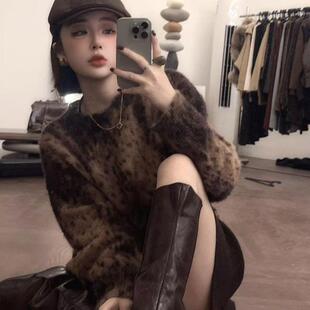 广州十三行女新款豹纹毛衣慵懒高级感复古宽松针织衫秋冬毛衣外套