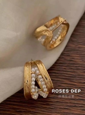 ROSRS DEP 纹理感法式珍珠开口戒指贵气设计感C字耳环高级保色