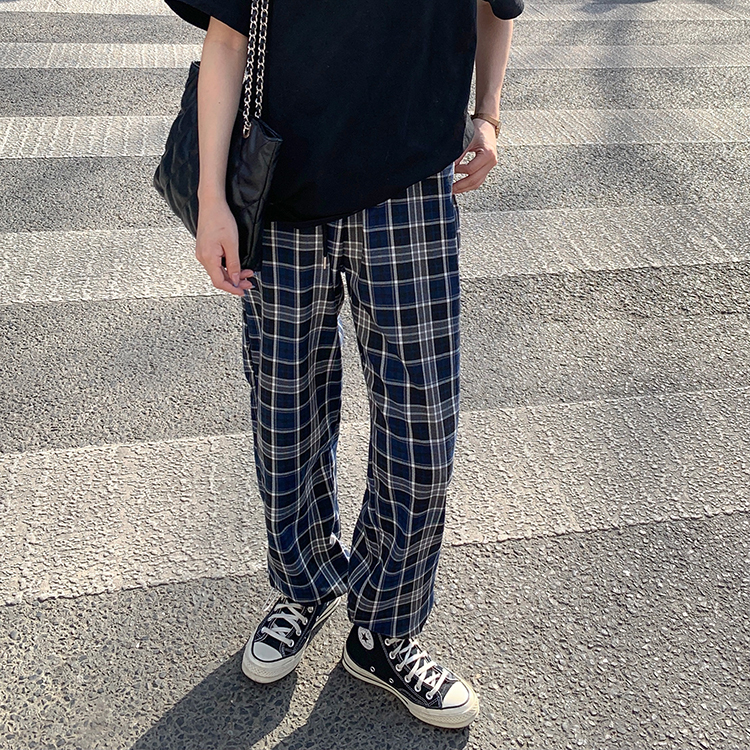 Real shot summer light Plaid elastic waist casual pants