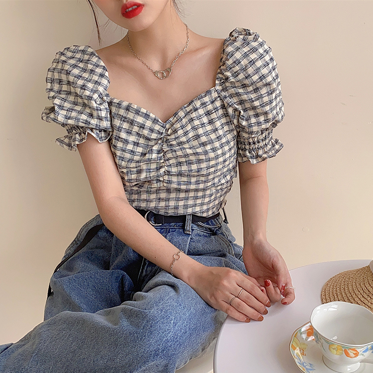 Retro square collar Plaid Shirt