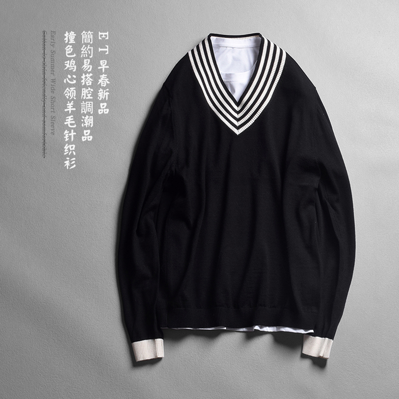 套头纯羊毛V领撞色羊毛衫