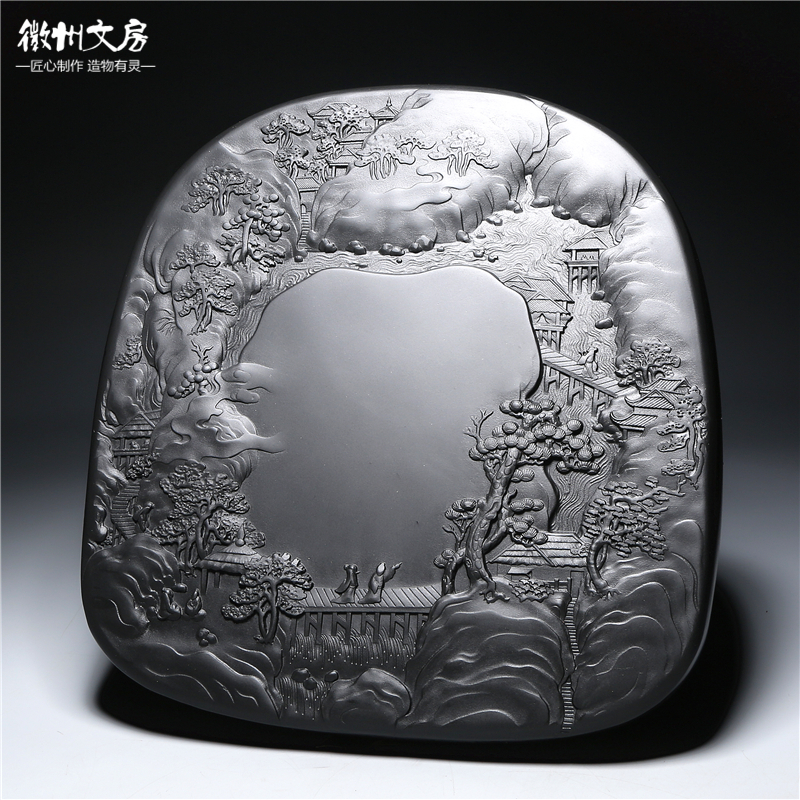 孤品名师老坑砚台/锦绣山河/天然原石黑龙尾珍藏歙砚端砚文房精品