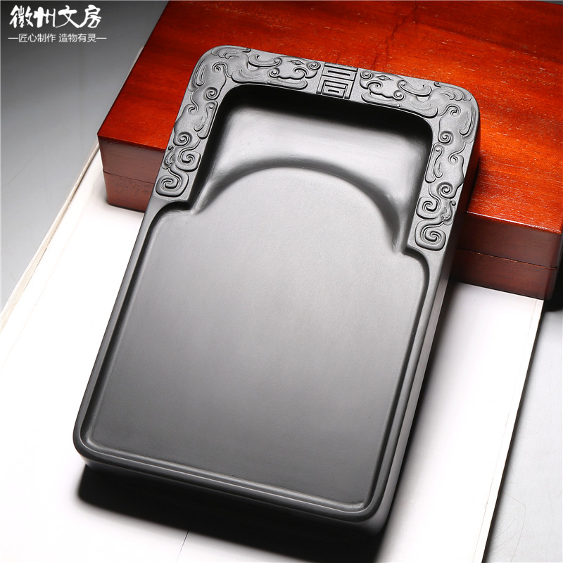 精品歙砚名师双龙祝寿砚台老坑