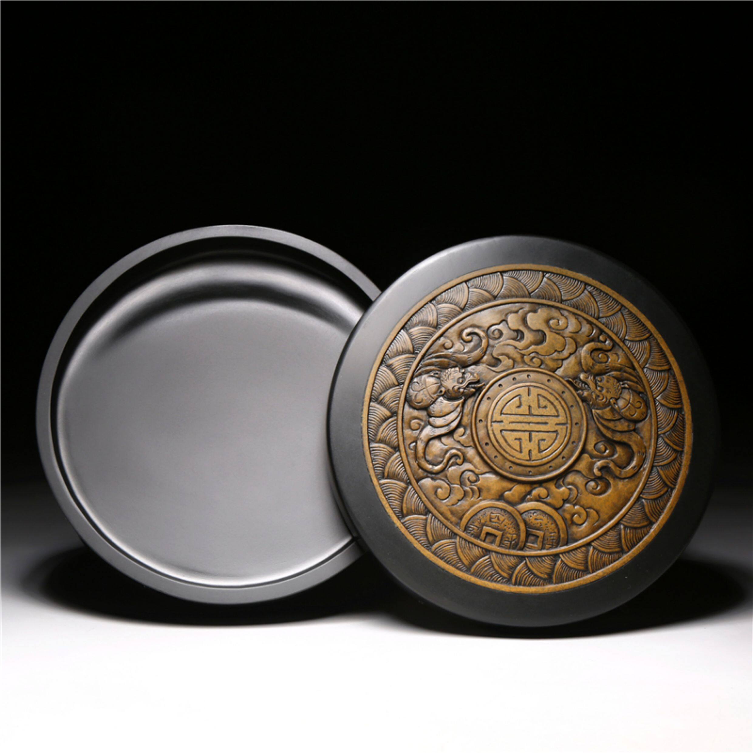非遗名师老坑砚台/祥云福海/精品原石带盖歙砚籽料天然高档文房端