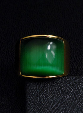 绿色猫眼石戒指男高级感痞帅个性单身霸气潮牌钛钢大宝石食指指环