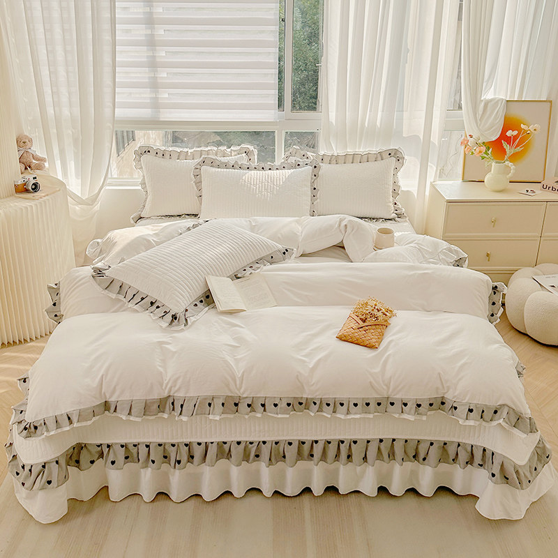 全棉床盖四件套纯棉夹棉加厚床单简约蕾丝被套1.5m1.8米双人套件