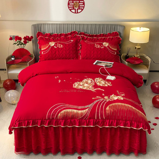 大红色婚庆四件套夹棉加厚床裙款 1.8m2米双人套件 床罩蕾丝刺绣款