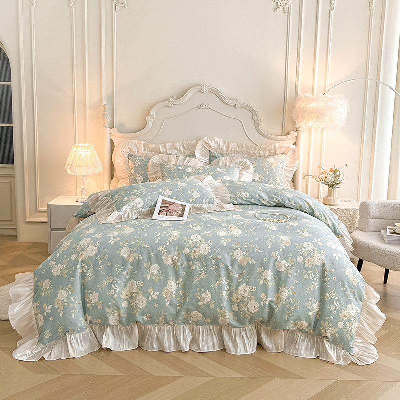 全棉床裙款四件套纯棉韩版田园风蕾丝花边1.5m1.8米床罩被套套件